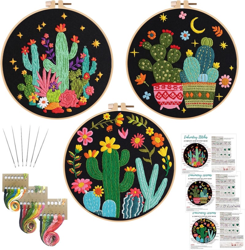 Nuberlic 3 Pack Embroidery Kit for Beginner Adults, Stamped Cross Stitch with Cactus Patterns Include 3 Hoop, Cloth Thread Needles and Instructions - Image 1